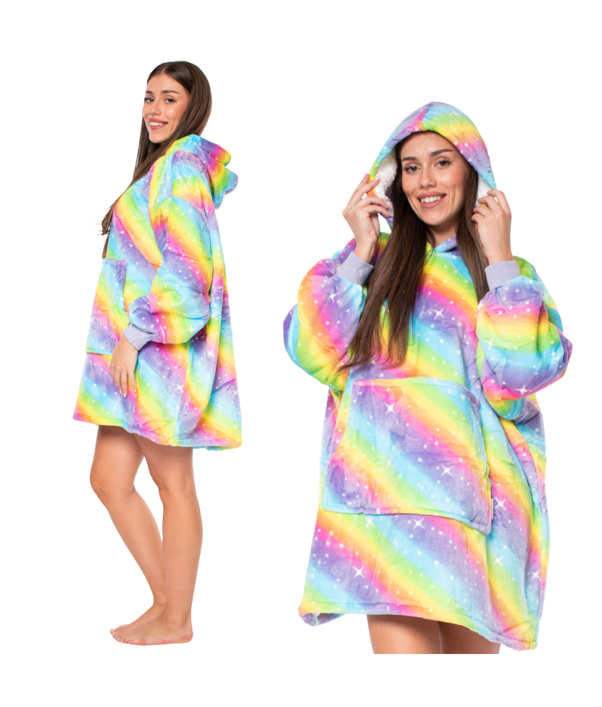 Bluza Koc Kocobluza 2w1 Oversize XXL z Kapturem Gruba Sherpa Tęczowa