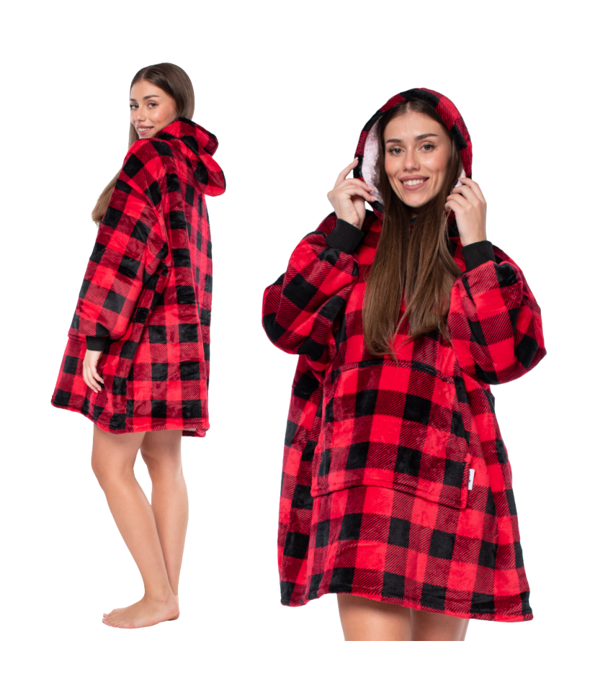 Bluza Koc Kocobluza 2w1 Oversize Kaptur Gruba Sherpa Czarno-czerwona