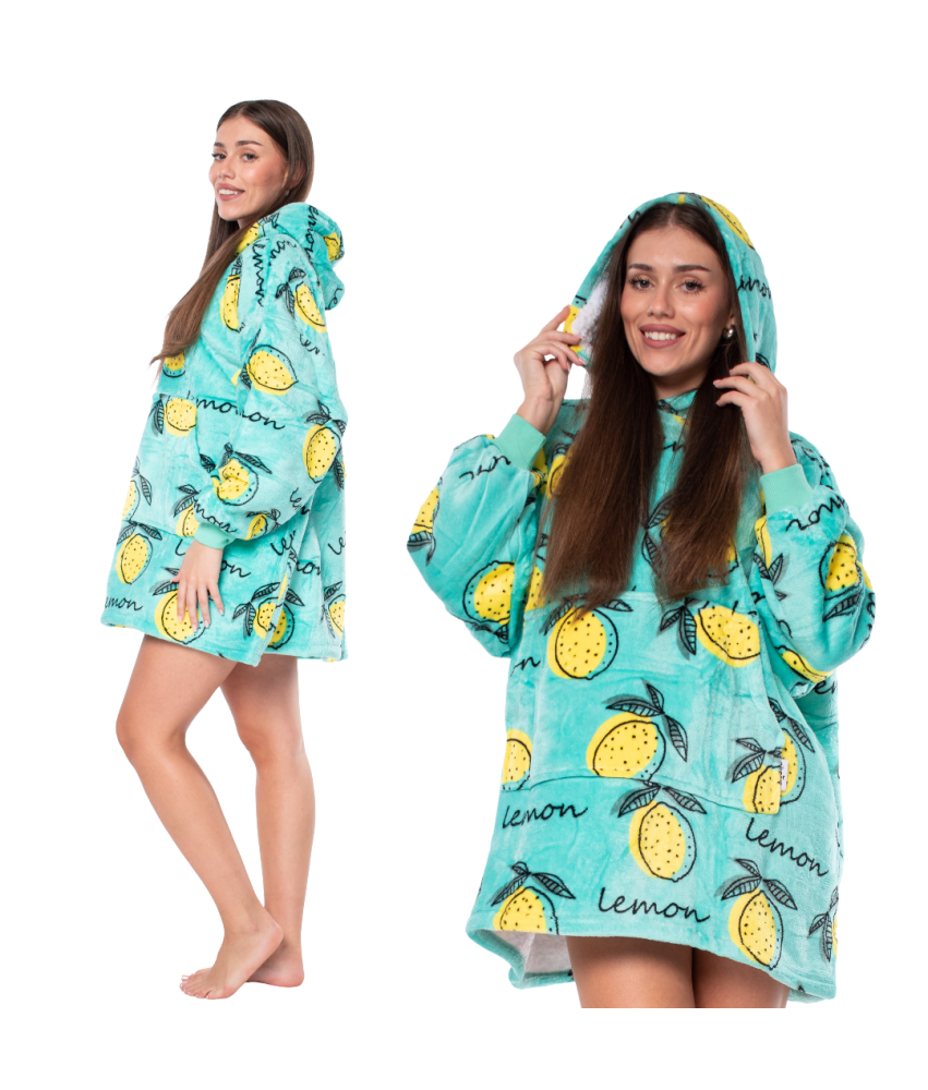 Bluza Koc Kocobluza 2w1 Oversize Kaptur Gruba Sherpa Zielona w Cytryny