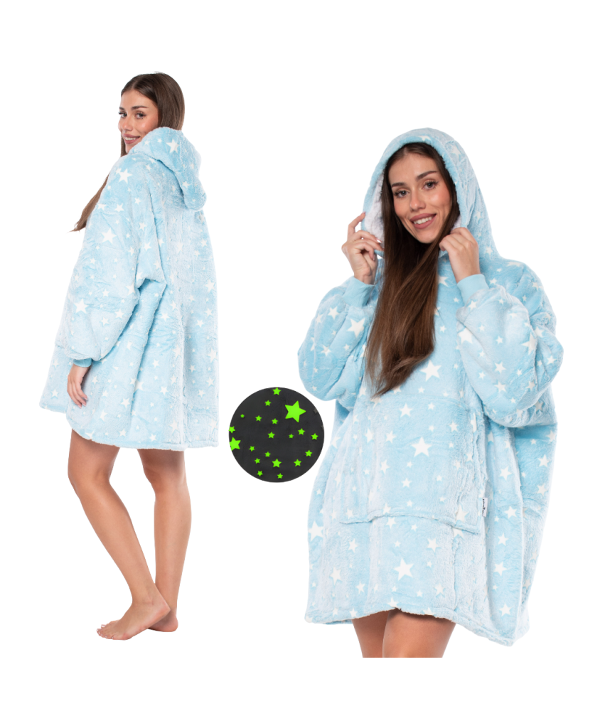 Pulover Odeja Kocobluza 2v1 Oversize Kapuca Debela Sherpa Modra Zvezde