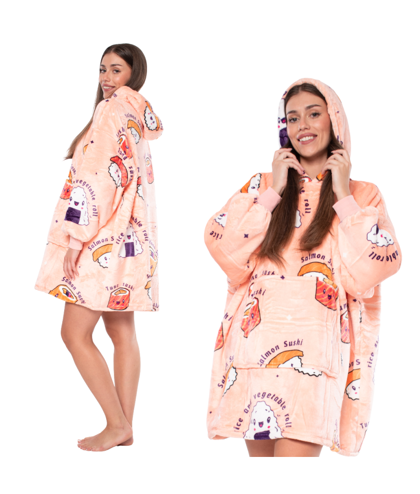 Bluza Koc Kocobluza 2w1 Oversize Kaptur Gruba Sherpa Różowa w Sushi