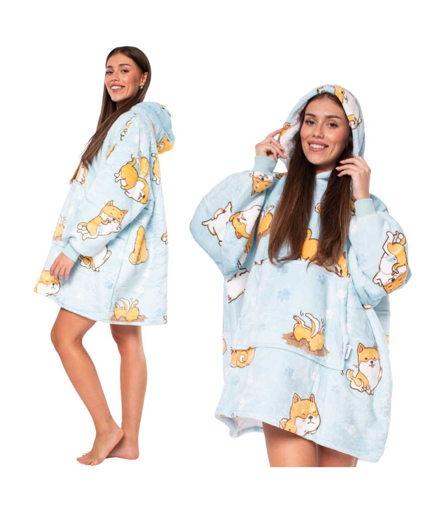 Bluza Koc Kocobluza 2w1 Oversize Kaptur Gruba Sherpa Błękitna w Psy