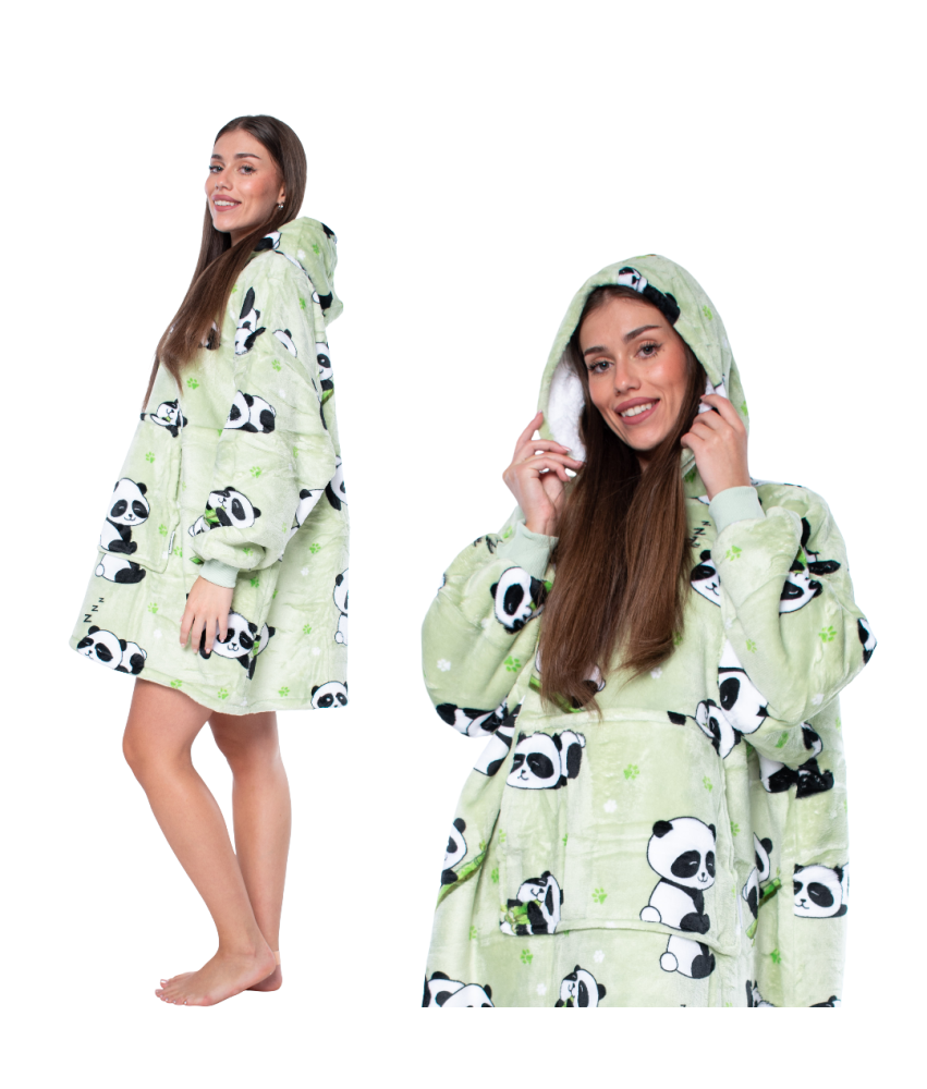 Pulover Odeja Kocobluza 2v1 Oversize Kapuca Debela Sherpa Zelena s Pandami