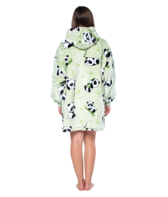 Pulover Odeja Kocobluza 2v1 Oversize Kapuca Debela Sherpa Zelena s Pandami