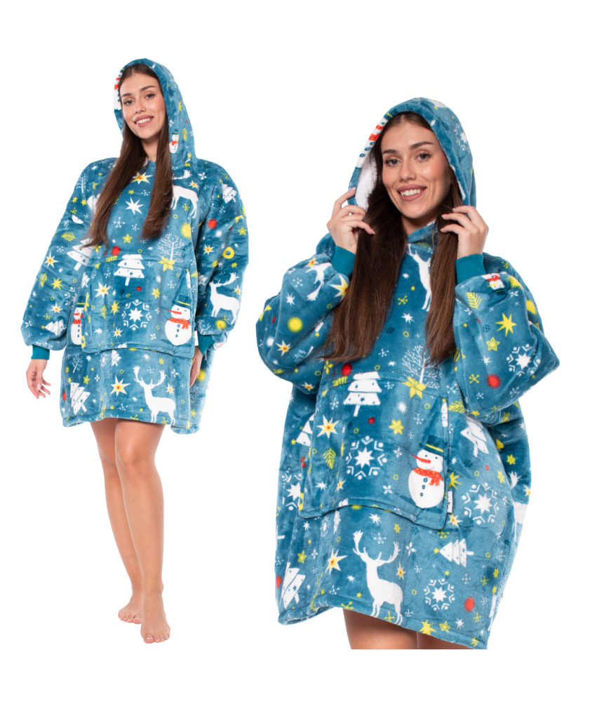 Pulover Odeja Kocopulover 2v1 Oversize Kapuca Debela Sherpa Modra Snežaki