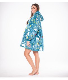 Pulover Odeja Kocopulover 2v1 Oversize Kapuca Debela Sherpa Modra Snežaki