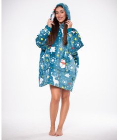 Pulover Odeja Kocopulover 2v1 Oversize Kapuca Debela Sherpa Modra Snežaki