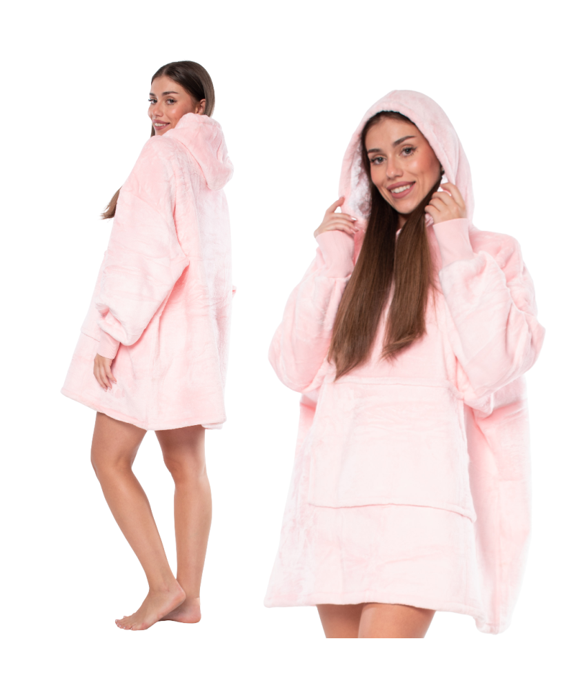 Pulover Odeja Kocobluza 2v1 Oversize XXL s Kapuco Debela Sherpa Roza