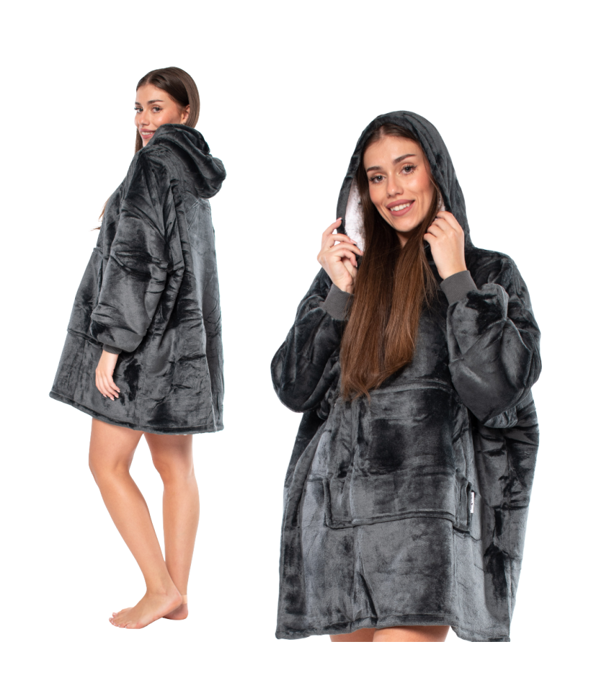 Bluza Koc Kocobluza 2w1 Oversize XXL z Kapturm Gruba Sherpa Czarna