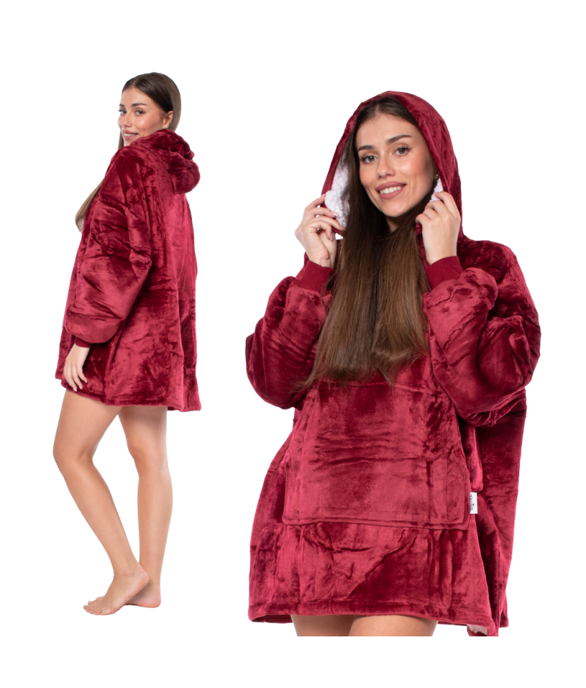 Bluza Koc Kocobluza 2w1 Oversize XXL z Kapturm Gruba Sherpa Czerwona