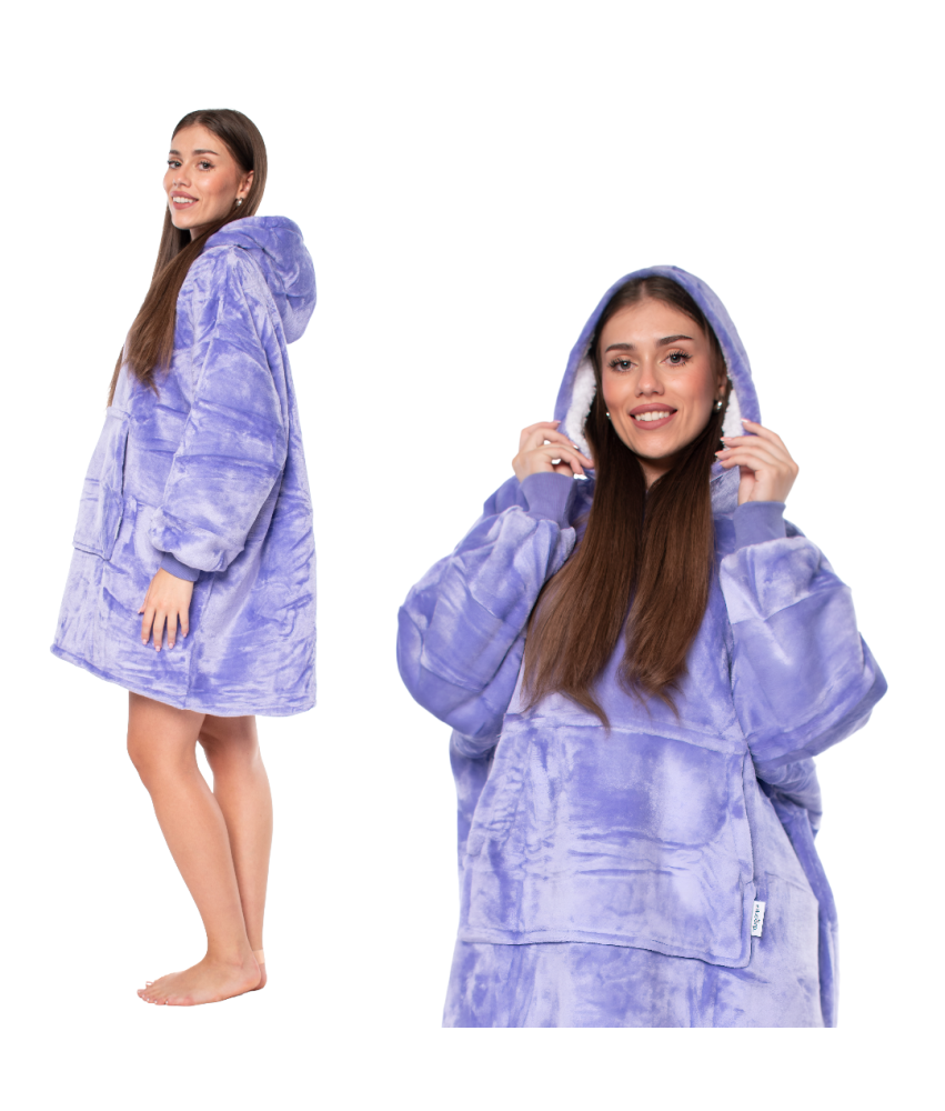 Pulover Odeja Kocobluza 2v1 Oversize XXL s Kapuco Debela Sherpa Vijolična
