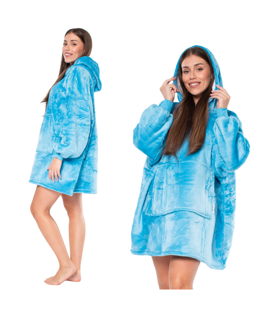 Bluza Koc Kocobluza 2w1 Oversize XXL z Kapturm Gruba Sherpa Niebieska