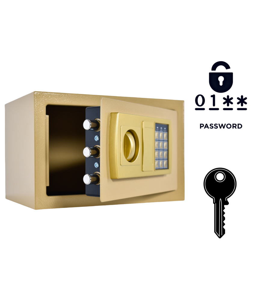 Pancerny Domowy Sejf z Zamkiem Elektronicznym i Kluczem 20x31x20 cm Złoty