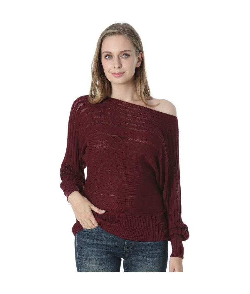 Sweter damski z odkrytym ramieniem, miękka bawełna i rayon, rozmiar M, bordowy, luźny fason, wielosezonowy