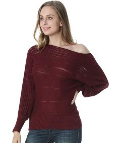 Sweter damski z odkrytym ramieniem, miękka bawełna i rayon, rozmiar M, bordowy, luźny fason, wielosezonowy