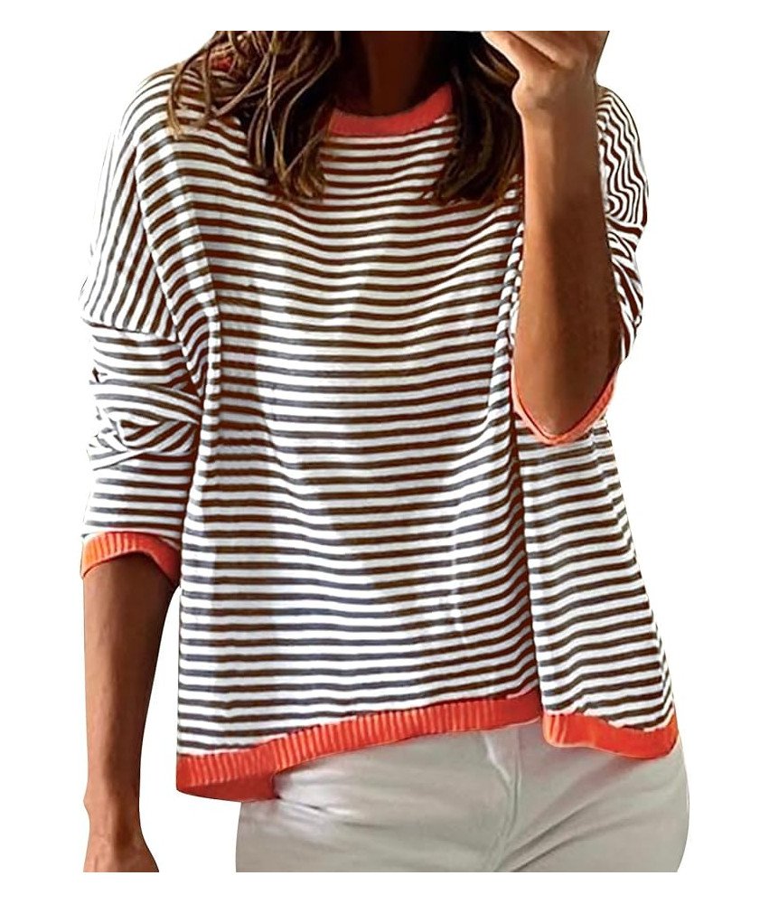 Sweter damski w paski z bawełnianej dzianiny, luźny fason oversize, klasyczny okrągły dekolt, szary, rozmiar XL