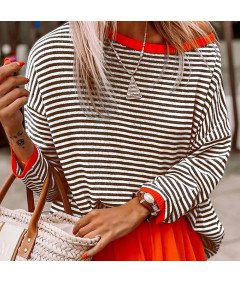 Sweter damski w paski z bawełnianej dzianiny, luźny fason oversize, klasyczny okrągły dekolt, szary, rozmiar XL