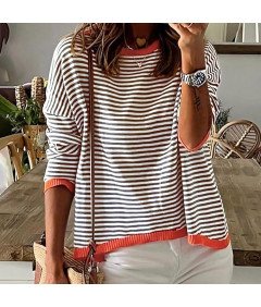 Sweter damski w paski z bawełnianej dzianiny, luźny fason oversize, klasyczny okrągły dekolt, szary, rozmiar XL