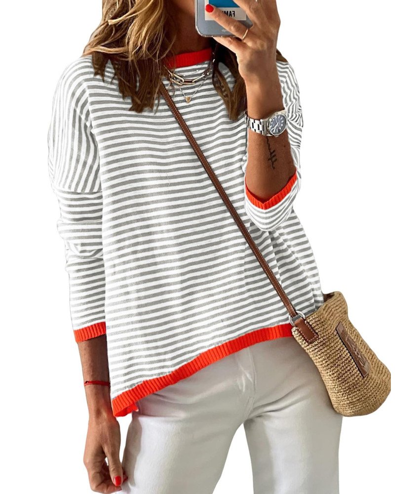 Damski Sweter Okrągły Dekolt Długi Rękaw W Paski Jesienno Zimowy Szary XXL