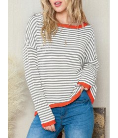 Damski Sweter Okrągły Dekolt Długi Rękaw W Paski Jesienno Zimowy Szary XXL