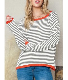 Damski Sweter Okrągły Dekolt Długi Rękaw W Paski Jesienno Zimowy Szary XXL