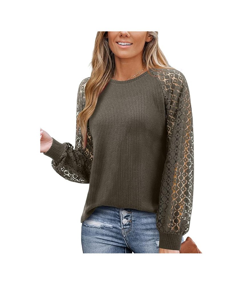 Koszulka Damska Sweter z Koronką Długi Rękaw Elegancka Bluzka Zielona M