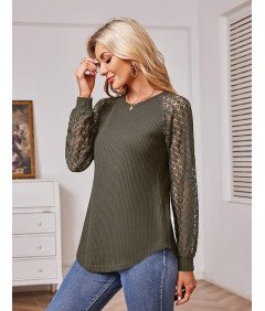 Koszulka Damska Sweter z Koronką Długi Rękaw Elegancka Bluzka Zielona M