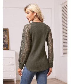 Koszulka Damska Sweter z Koronką Długi Rękaw Elegancka Bluzka Zielona M