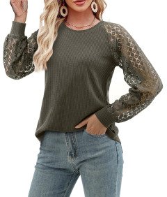 Koszulka Damska Sweter z Koronką Długi Rękaw Elegancka Bluzka Zielona M