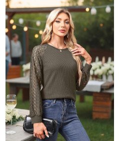 Koszulka Damska Sweter z Koronką Długi Rękaw Elegancka Bluzka Zielona M