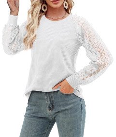 Koszulka Damska Sweter Koronkowy Elegancki Bluzka na Długi Rękaw Biała M