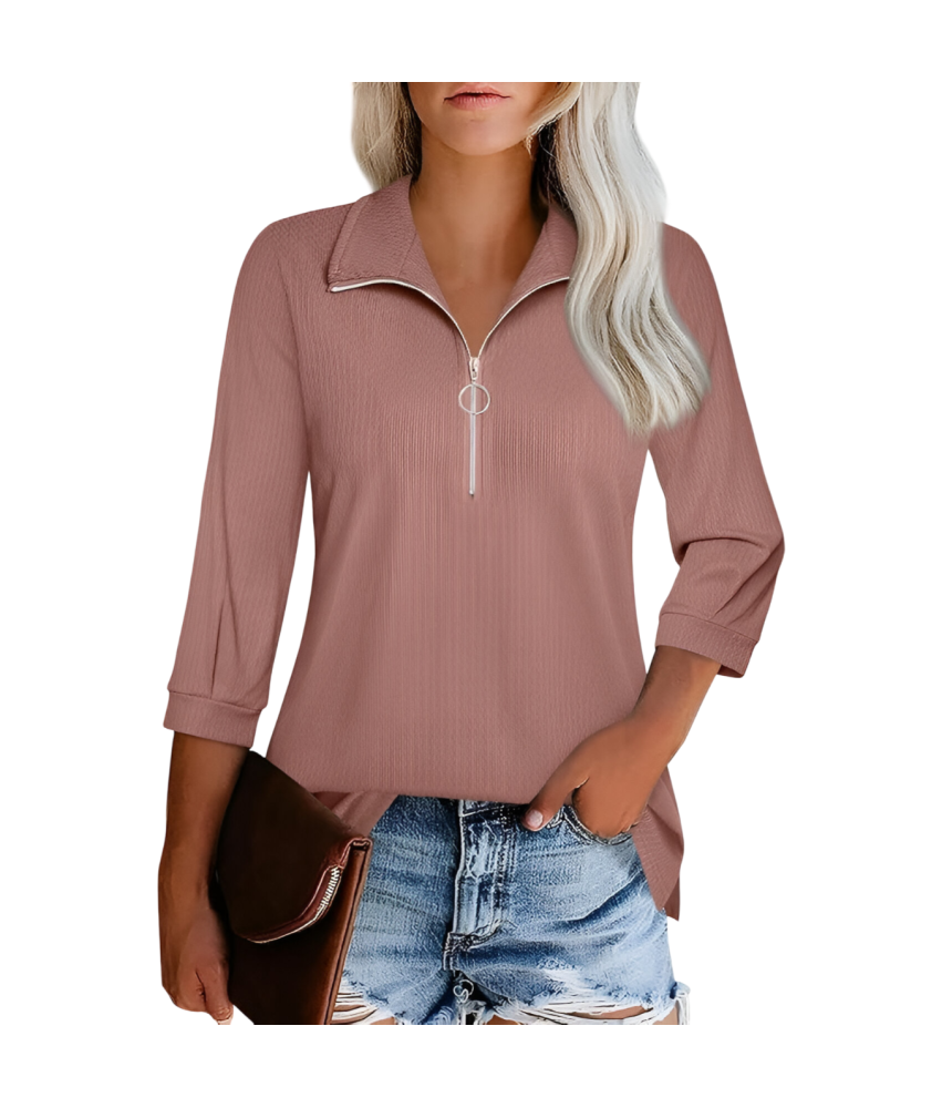 Damska Bluza Sweter Golf z Suwakiem Rękaw 3/4 Elegancka Stylowa Brązowa L