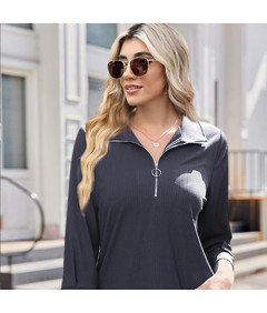 Damska Bluza Sweter Golf z Suwakiem Rękaw 3/4 Elegancka Stylowa Szara L