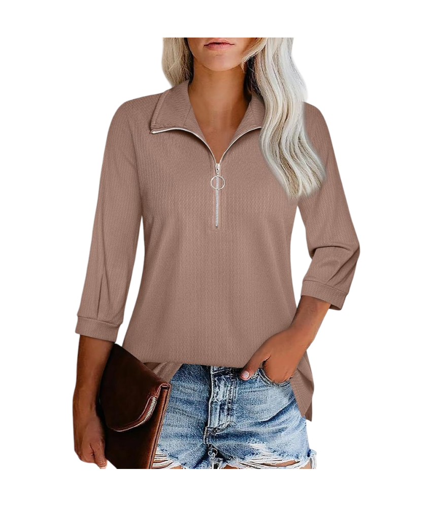 Damska Bluza Sweter Golf z Suwakiem Rękaw 3/4 Elegancka Stylowa Brązowa XXL