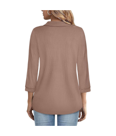 Bluzka damska z kołnierzem na suwak i rękawem 3/4, miękka dzianina wiskozowa, plisowane mankiety, brązowa, rozmiar XXL