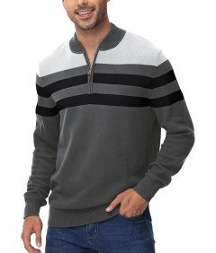 Sweter męski bawełniany z zamkiem 1/4 i stójką, miękka oddychająca dzianina, wzór patchworkowy, szary, Rozmiar M