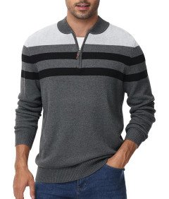 Sweter męski bawełniany z zamkiem 1/4 i stójką, elegancki wzór w paski patchworkowe, kolor szary, rozmiar XL