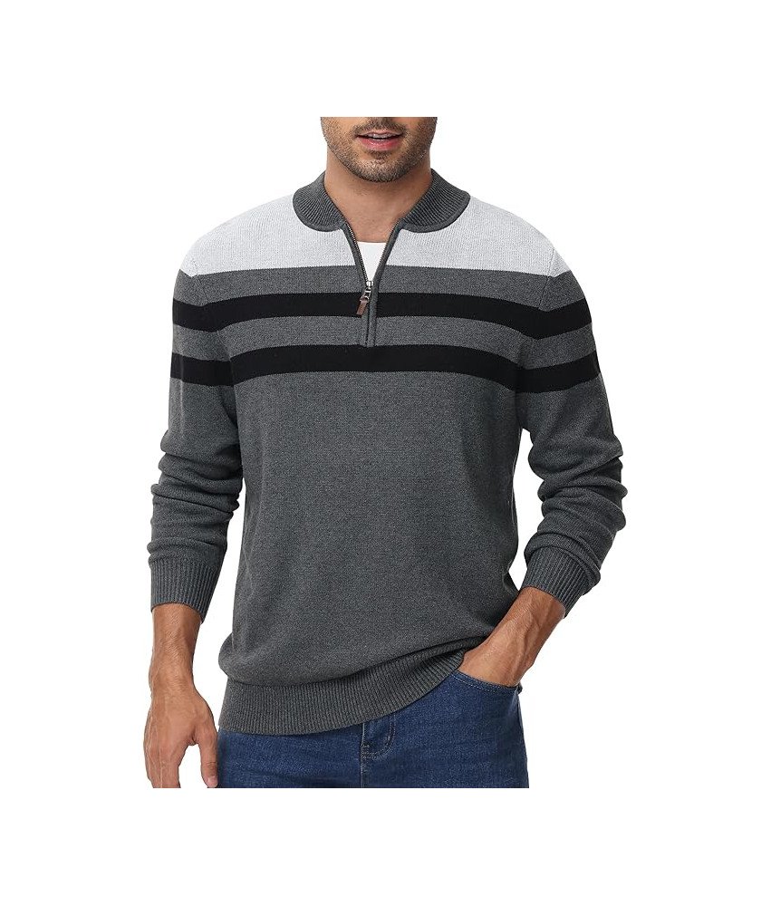 Sweter męski bawełniany z zamkiem 1/4 i stójką, elegancki wzór w paski patchworkowe, kolor szary, rozmiar XL