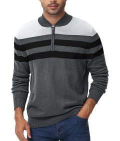 Sweter męski bawełniany z zamkiem 1/4 i stójką, elegancki wzór w paski patchworkowe, kolor szary, rozmiar XL