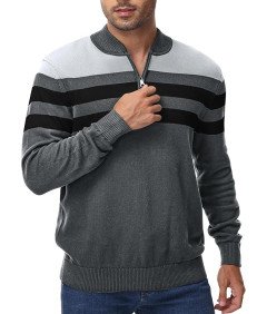 Sweter męski bawełniany z zamkiem 1/4 i stójką, elegancki wzór w paski patchworkowe, kolor szary, rozmiar XL