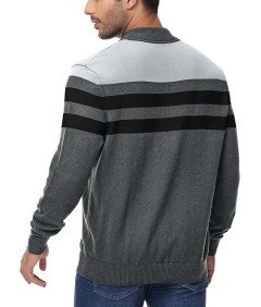 Sweter męski bawełniany z zamkiem 1/4 i stójką, elegancki wzór w paski patchworkowe, kolor szary, rozmiar XL