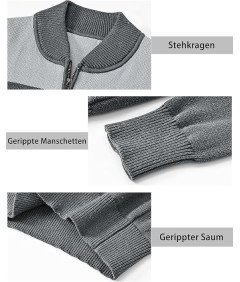 Sweter męski bawełniany z zamkiem 1/4 i stójką, elegancki wzór w paski patchworkowe, kolor szary, rozmiar XL