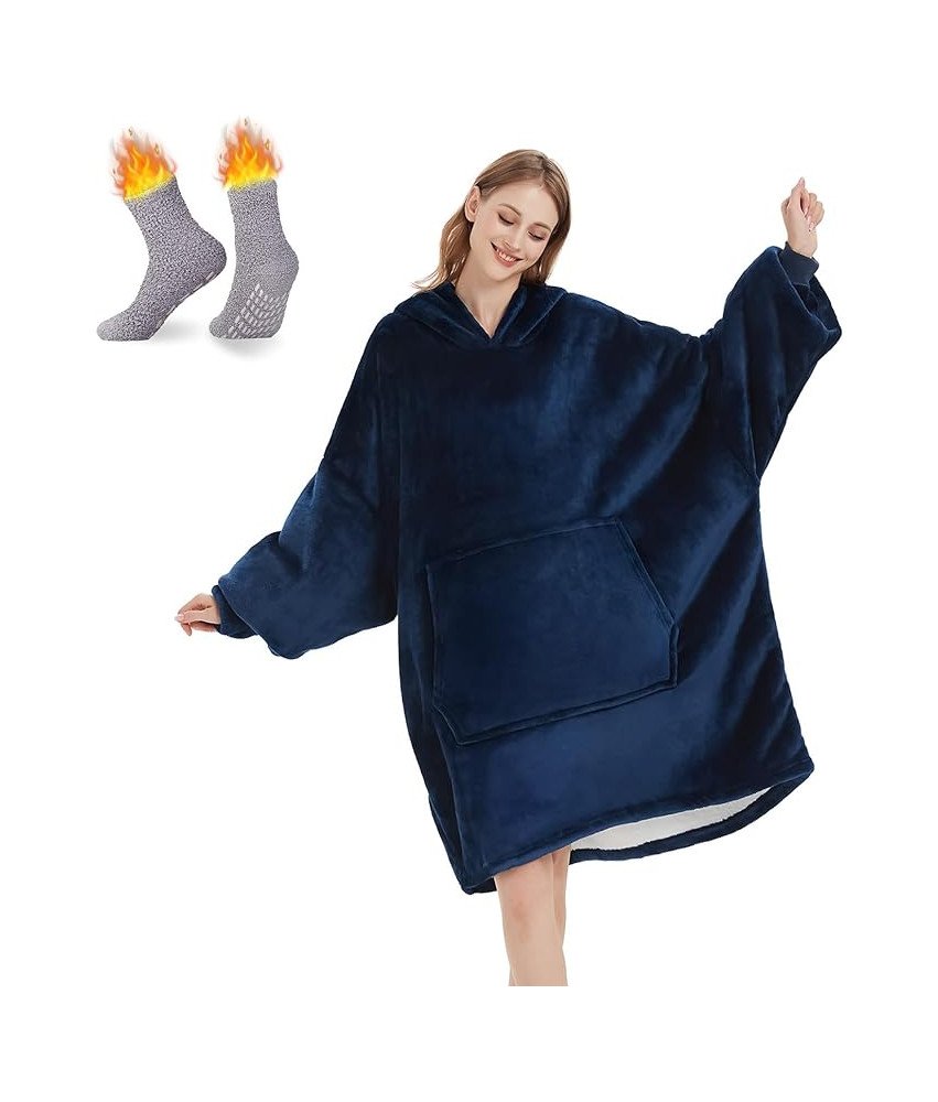 AONYIYI Niebieski Koc z Kapturem i Skarpetkami dla Dorosłych