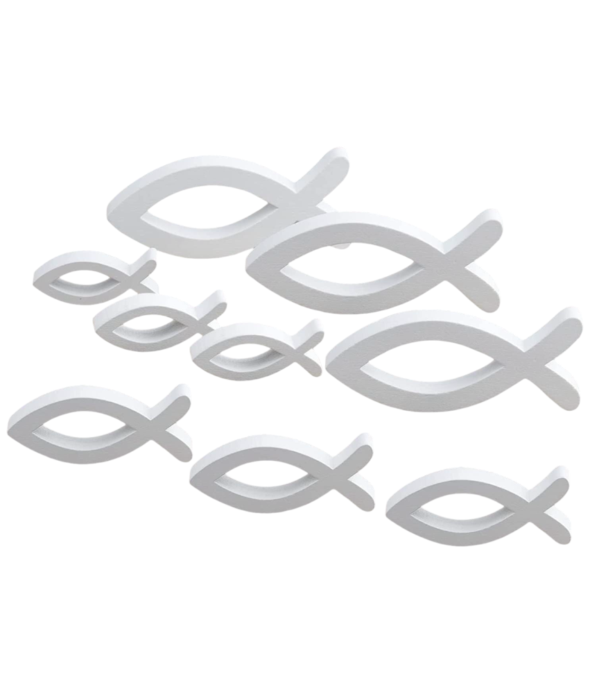 Ryba Chrześcijańska Drewniana Biała Zestaw 9 Sztuk Dekoracja na Komunie