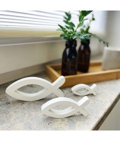 Ryba Chrześcijańska Drewniana Biała Zestaw 9 Sztuk Dekoracja na Komunie