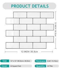 Naklejki Na Płytki Ścienne Białe Samoprzylepne 24 Sztuki 30,5 x 30,5 cm