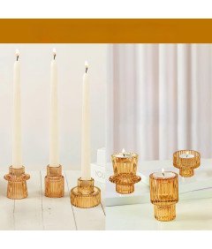 Szklane Świeczniki Dekoracyjne Dwustronne Przezroczyste Brązowe 3 szt