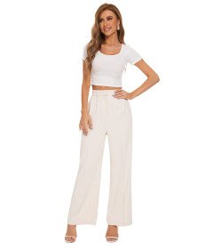 FUNYYZO Spodnie Damskie z Wysokim Stanem Szerokie Nogawki Białe XS