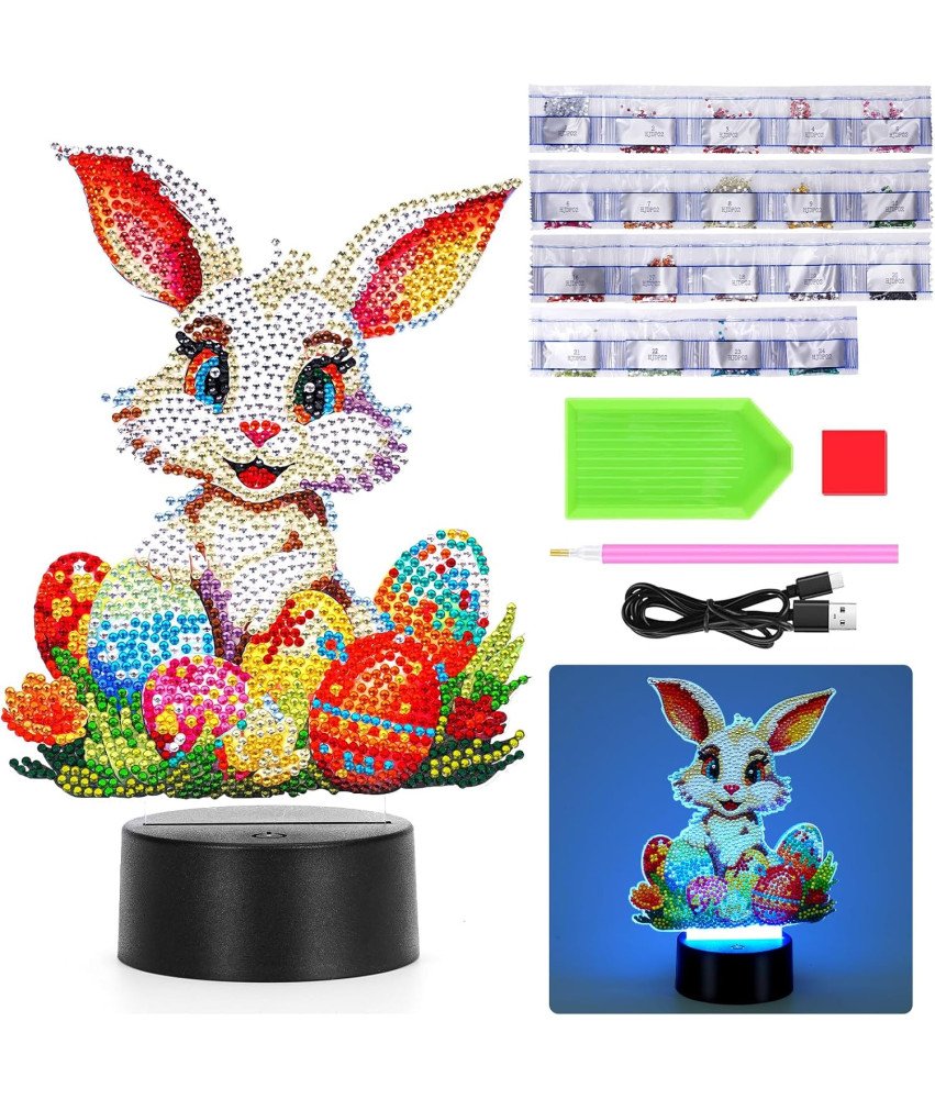 Starnearby Lampka Nocna LED Wielkanocna DIY Królik Malowanie Diamentami