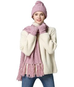 Zestaw 3w1 Szalik Czapka Rękawiczki do Ekranów Dotykowych Dzianinowy Różowe